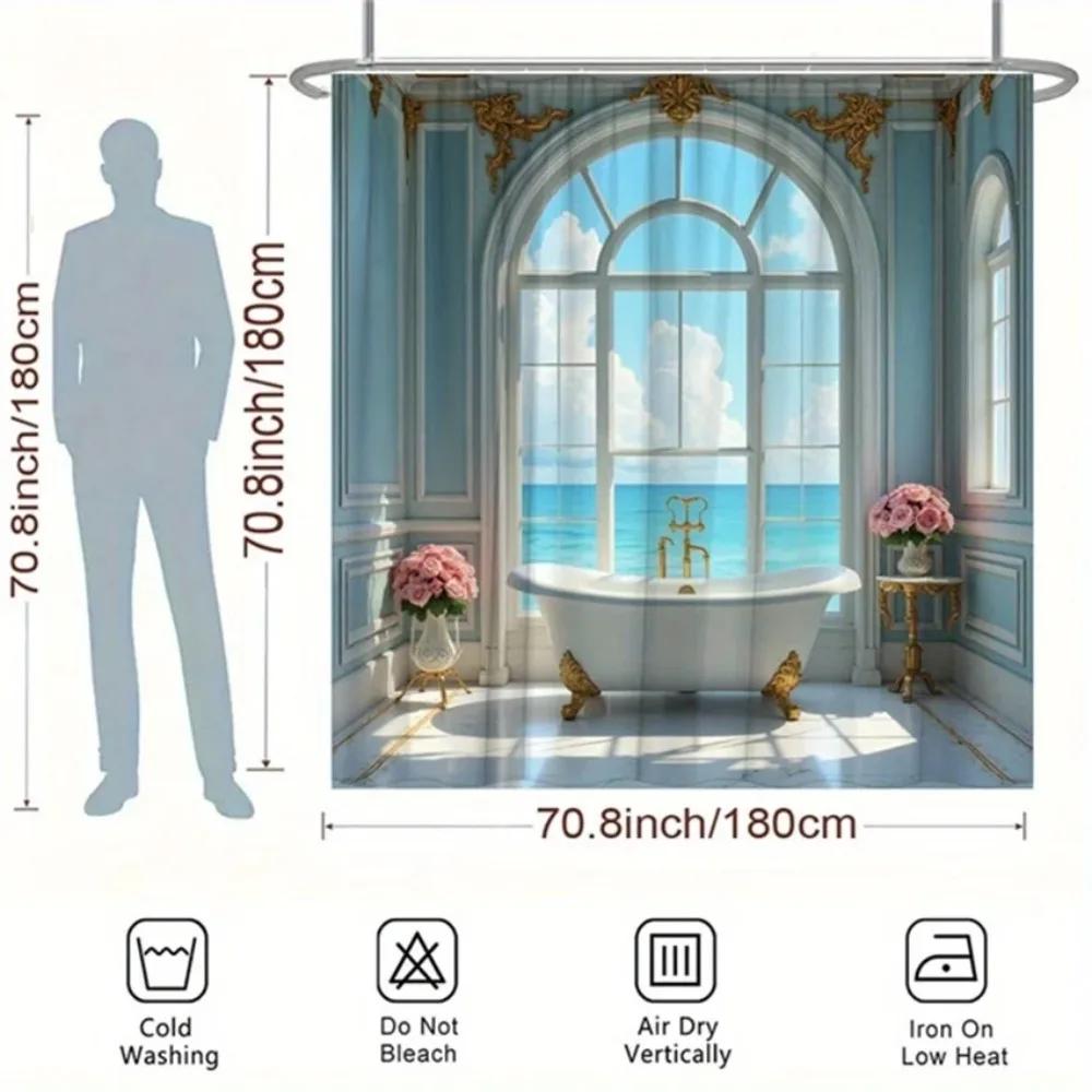 1Pc Baroque Bathroom With Ocean View Shower Curtain Luxurious Vintage Bathroom With Arched Window Showing Ocean View