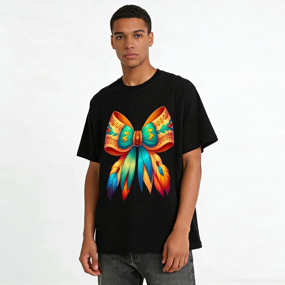 Ethnic Style Feather Bow Print Casual Top Pure cotton T-shirt