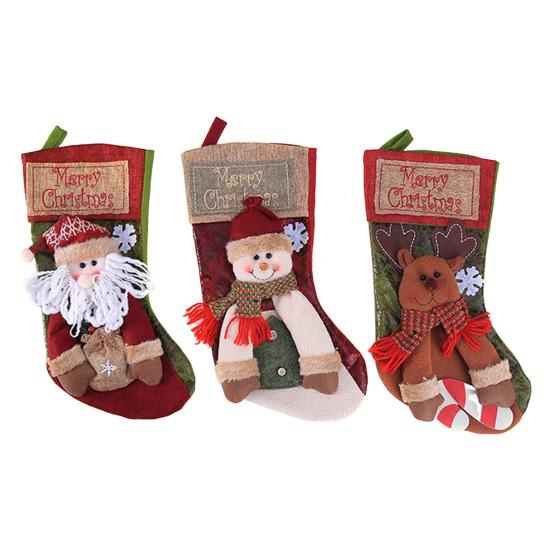 18" Christmas Stocking 3D Plush Santa Snowman Reindeer Design Hanging Burlap Stocking for Farmhouse Holiday Decor