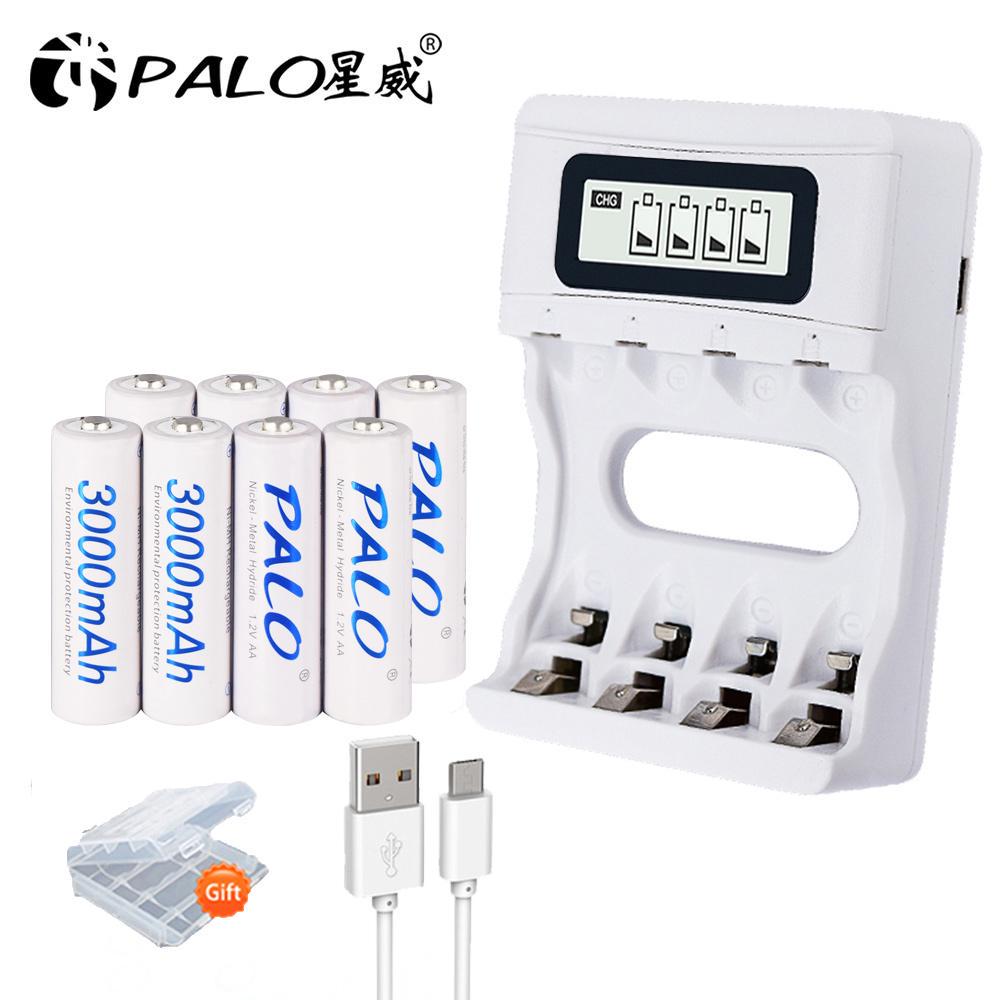 PALO 4-12pcs Aa Ni-mh Rechargeable Battery 1.2v 3000mAh + USB LCD Display Smart Fast Battery Charger for Aa Aaa
