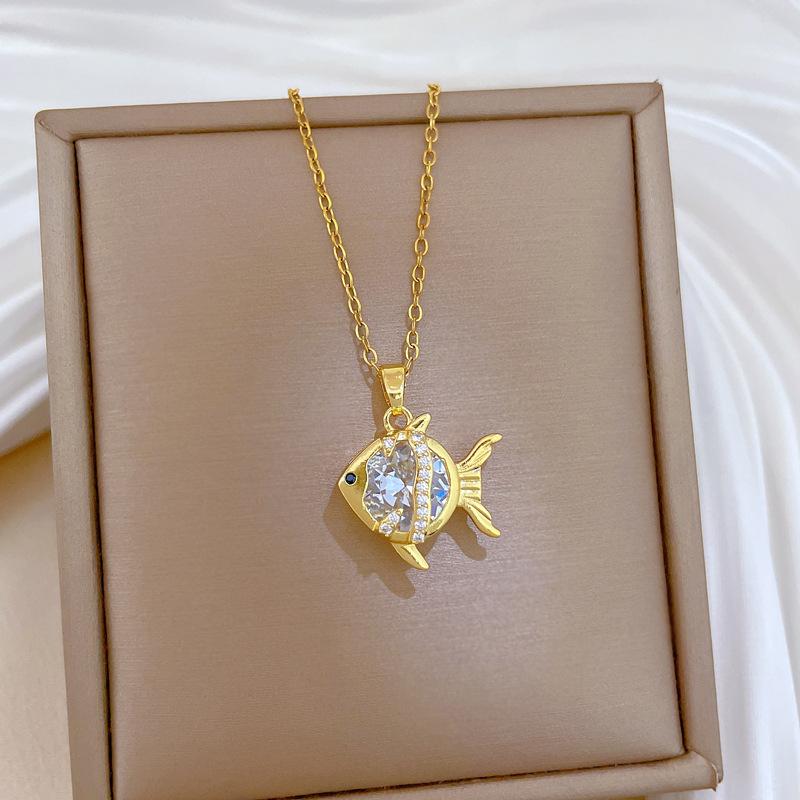 Titanium Steel, Zircon Goldfish Light Luxury Temperament Gorgeous Full Diamond Necklace Female Versatile Collarbone Chain Titanium Steel Chain