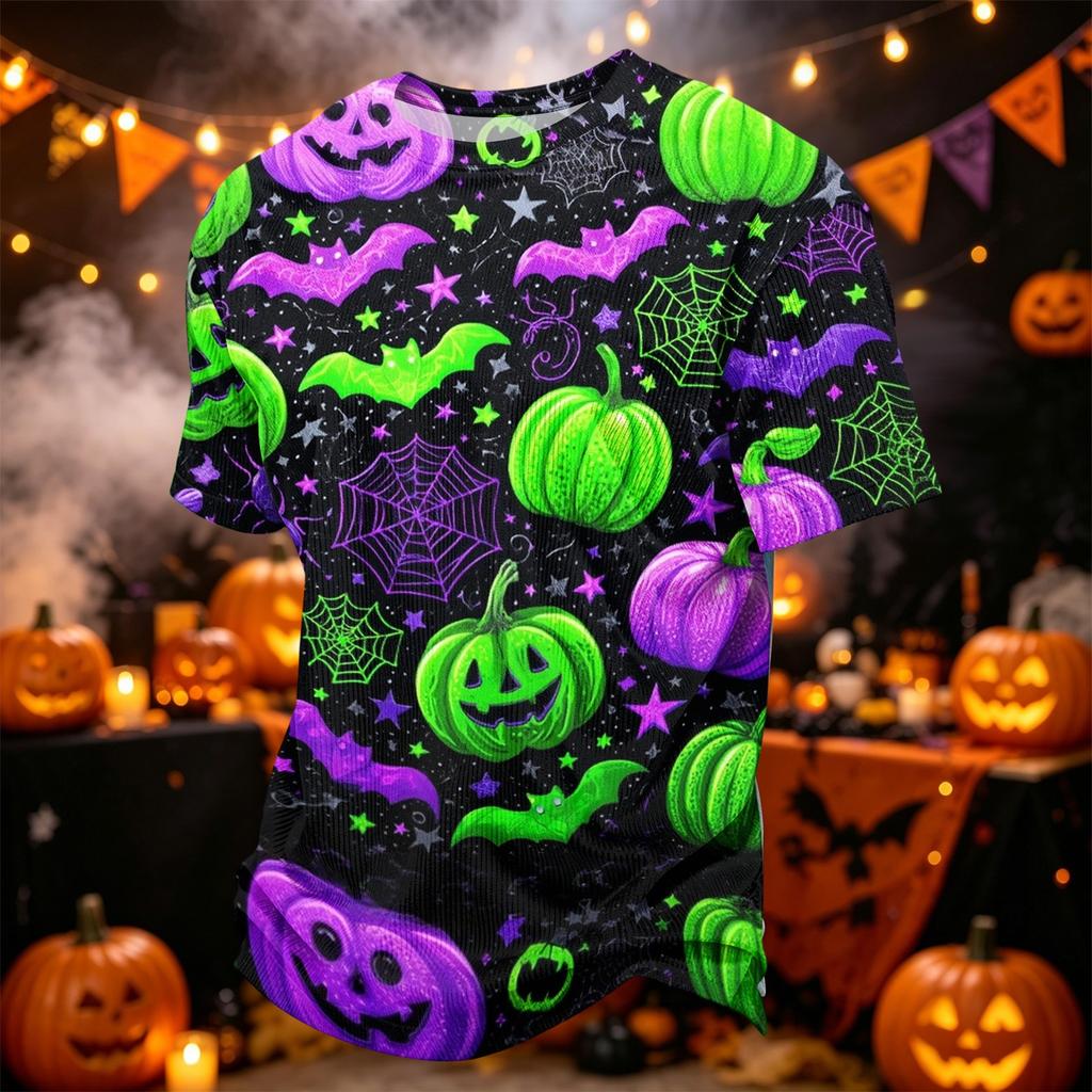 Men's Casual Corduroy Short Sleeve T-Shirt Lightweight Breathable Round Neck Halloween Pumpkin Print Top Comfortable Fit