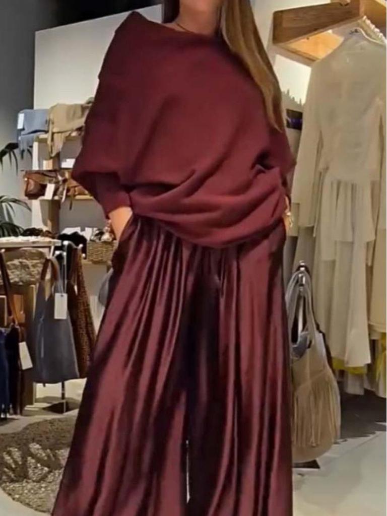 2026 Elegant Off-the-Shoulder Top & Satin Wide-Leg Pants Set