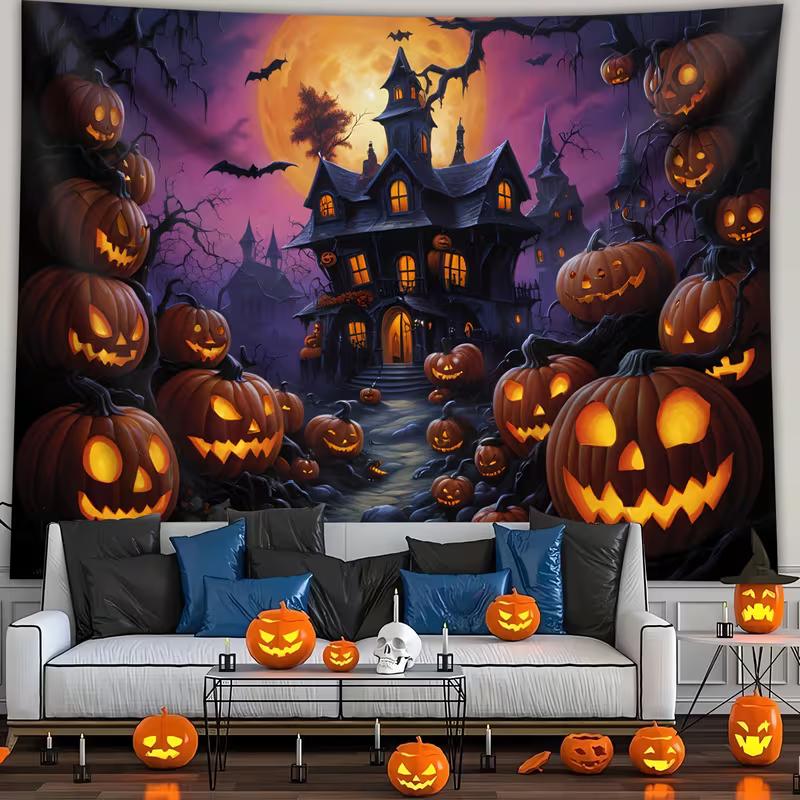 2D Creepy Halloween Tapestry Haunted Mansion with Bats Wall Hanging