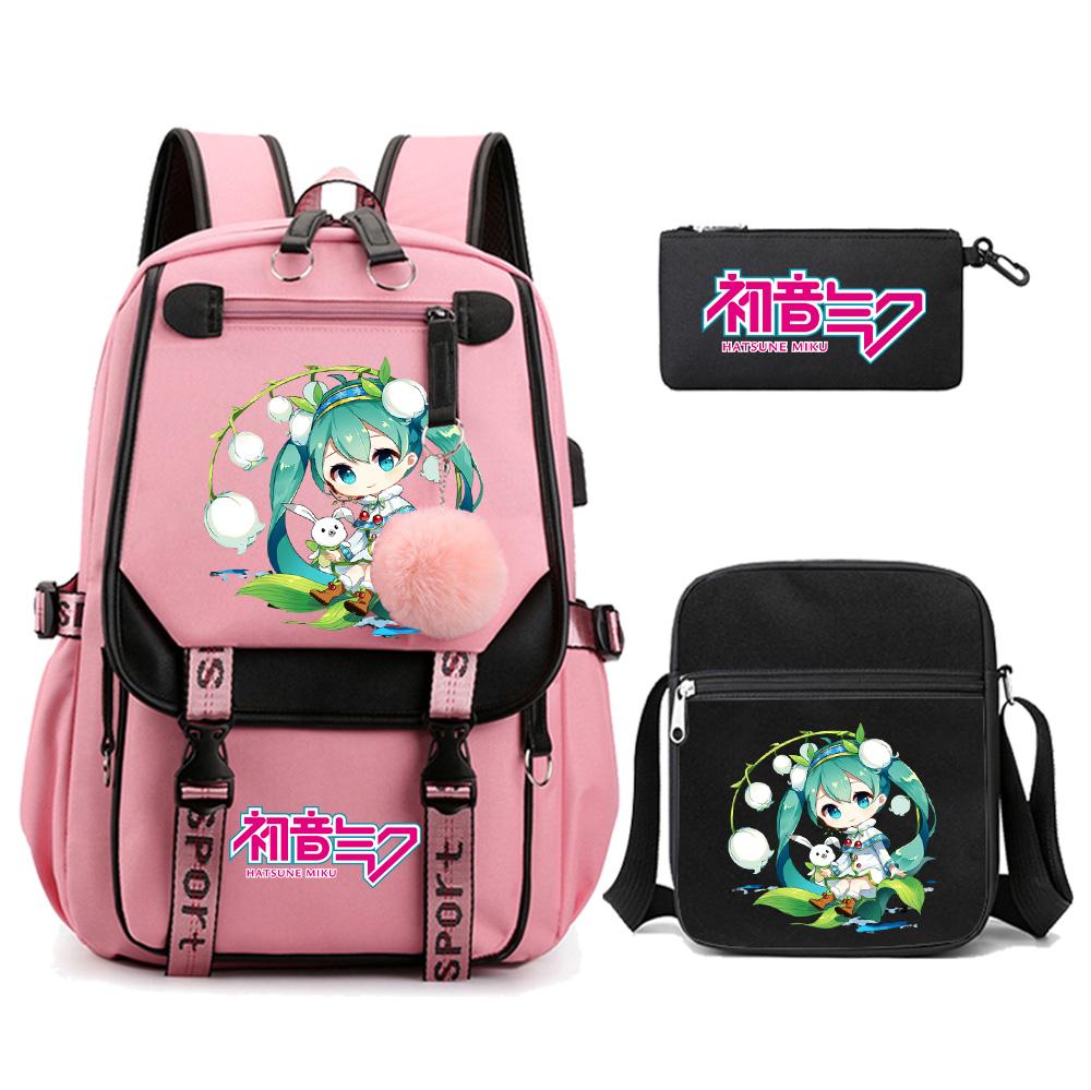 3ks/sada Anime Kreslený Batoh s Potiskem Hatsune Miku s Taškou přes Rameno pro Teenagera Studenta Dívku Chlapce Velkokapacitní Voděodolný Školní Batoh Mochila