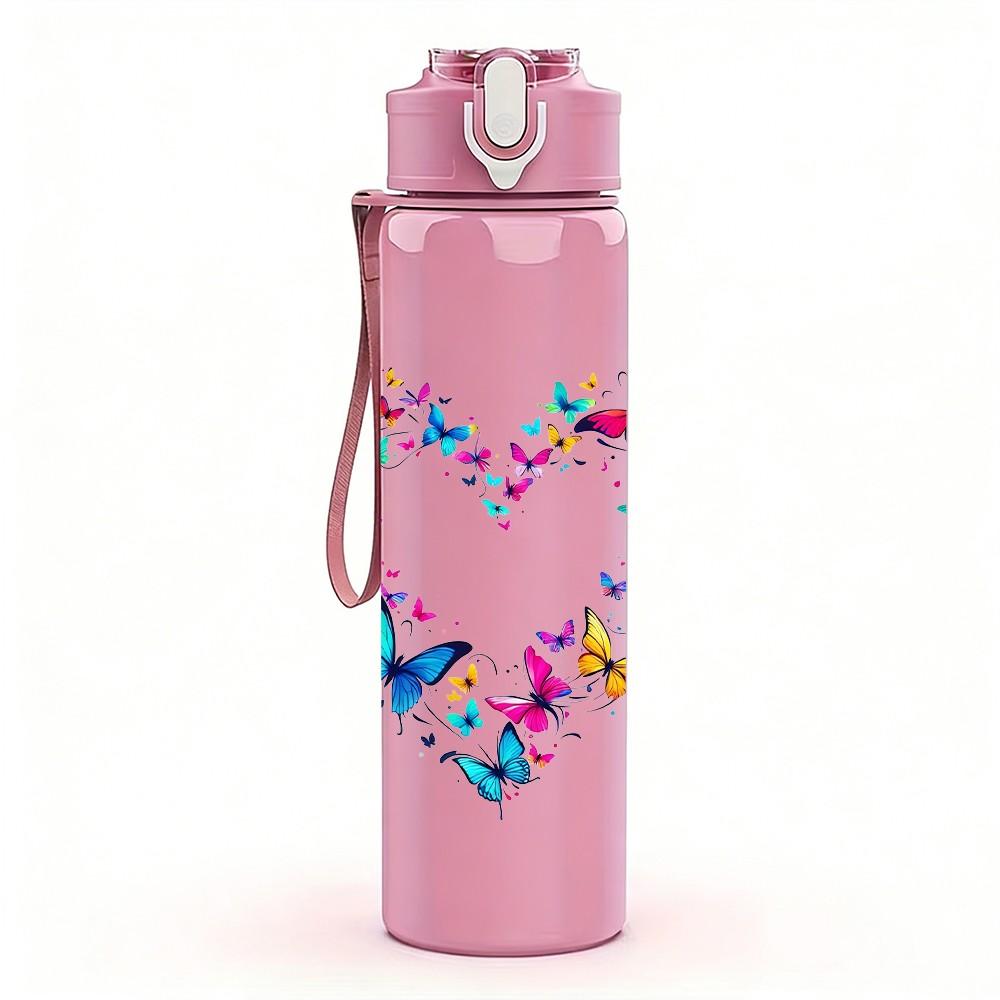 1PC Heart Shaped Floral Art Pattern 750ml Color Plastic Sports Water Bottle Leakproof Flip Straw Lid Suitable for Sports Office Home Use