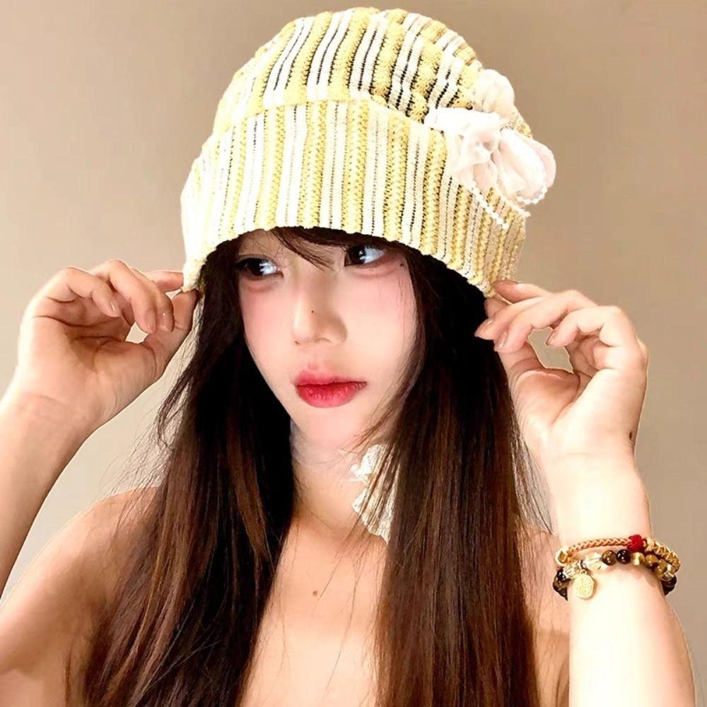 Sweet Beanies Hat Breathable Knitted Hat Casual Flower Pullover Hat  Outdoor
