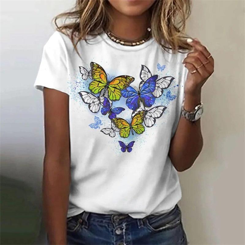 Zomer Casual Vintage Dames T-shirts Dames 3D Print Vlinder Ronde Hals T-shirt Dames Mode Los Kort Gebreide Mouw