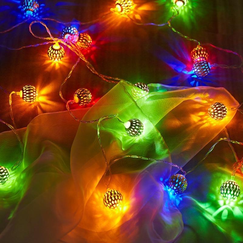 Iron Moroccan Ball Light String Ramadan Atmosphere Decoration LED Light String Cabinet Courtyard Decoration Hollow Ball