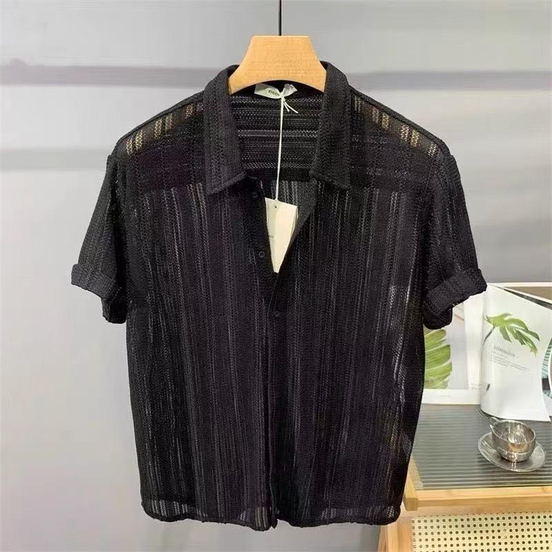 Same Texture Design Pleated Texture Men's Short-sleeved Shirt, Loose Iron-free, Drape Spring and Summer Sun Protection White Light Luxury