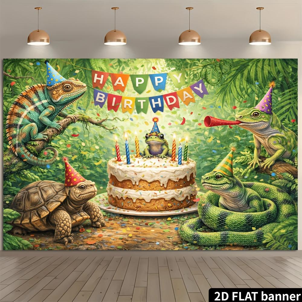 Bannière d'anniversaire 2D plate - Thème reptiles de la jungle, adaptée aux réunions de famille et aux événements de bureau
