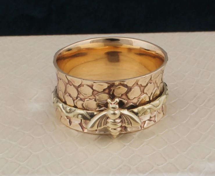 

Медоносная пчела Позолоченное вращающееся кольцо, Позолоченное вращающееся кольцо 22 карата, Кольцо для большого пальца, Кольцо для медитации, Кольцо ручной работы, Кольцо для беспокойства 10 US