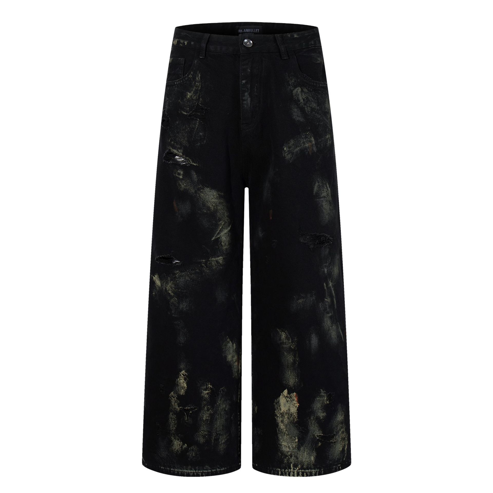 Men s Autumn American High Street RO Wind Graffiti Washed Ripped Jeans Loose Wide Leg Pants S