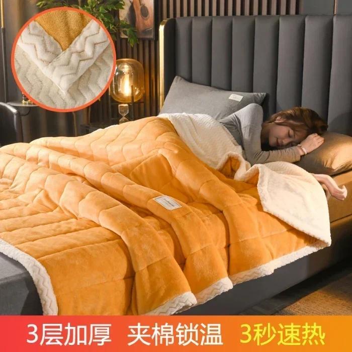 Coral Fleece Autumn Winter Warm Blankets for Bed 3 Layers Thicken Flannel Blanket Quilt Soft Comfortable Warmth Quilts Washable