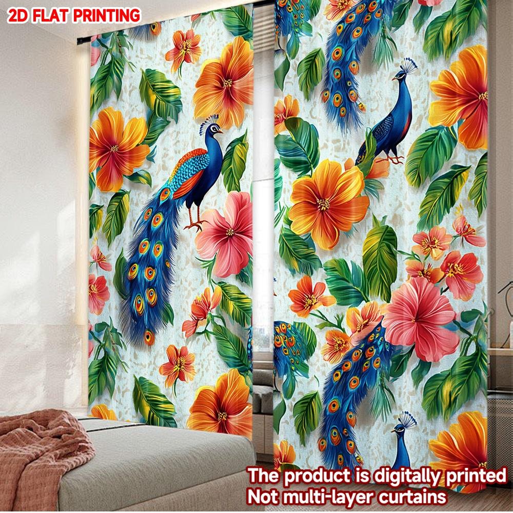 2D Flat Printing 2Pcs Curtain Window Treatment Curta Peacocks And Vibrant Flowers Digital Printed Polyester Drapes All Season
