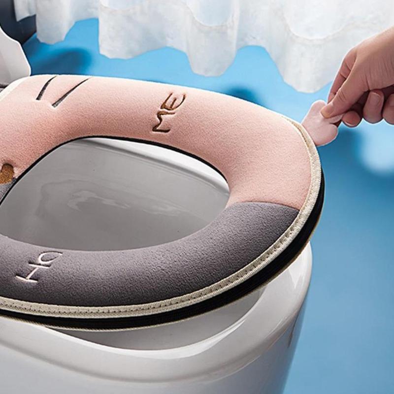 Assento de Vaso Sanitário para Gato com Alça Zíper Espesso Quente Almofada de Assento Universal Padrão de Bordado Camurça Acessórios para Banheiro.