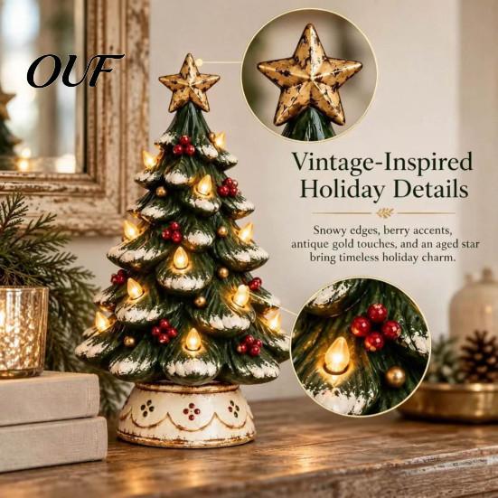 Energy Saving LED Night Light Lighted Christmas Tree Tabletop Decor, Resin Artificial Xmas Ornament Portable Bedside Decorative with Warm Glow,