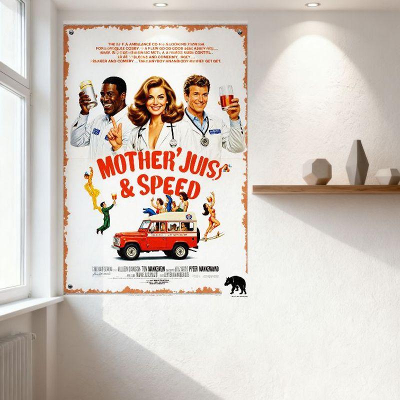 Vintage 'Mother, Jugs & Speed' Movie Poster Metal Tin Sign, Retro Medical Figures & Ambulance Art, Home Bar Cafe Wall Decor, Man