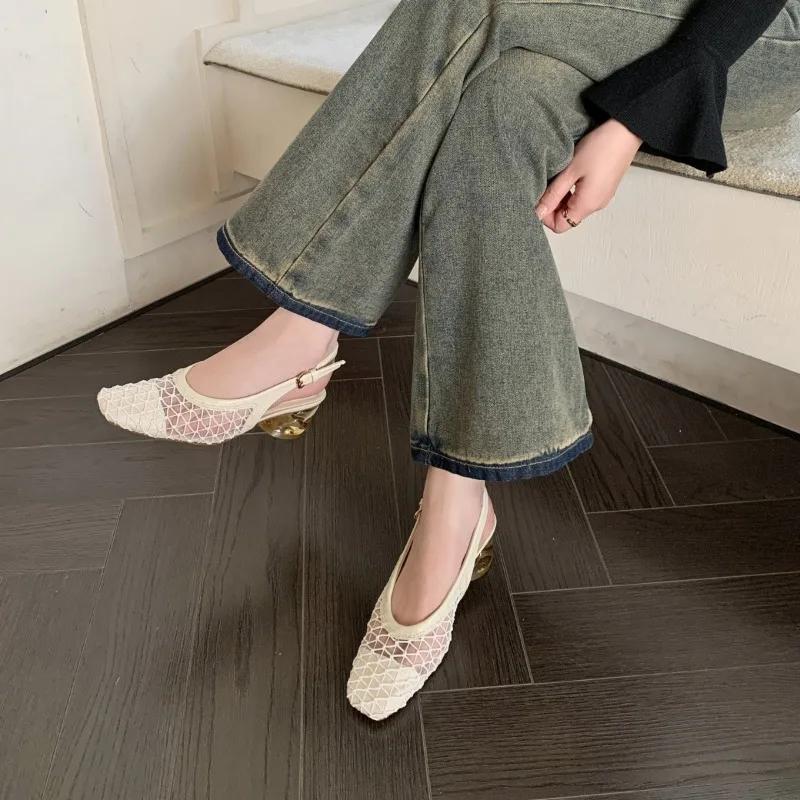 Fashion Women's sandals 2025 Summer Mary Jane Shoes Hollow Buckle Strap Roman Mesh Mid Thick Heel fashion Sandalias talons femmes luxe