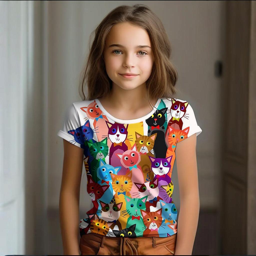 Girl Clothes Summer Cartoon Cat Graphic Children's Clothing Kids Art Doodling Short Sleeve T Shirt Causal O-Neck Children Top