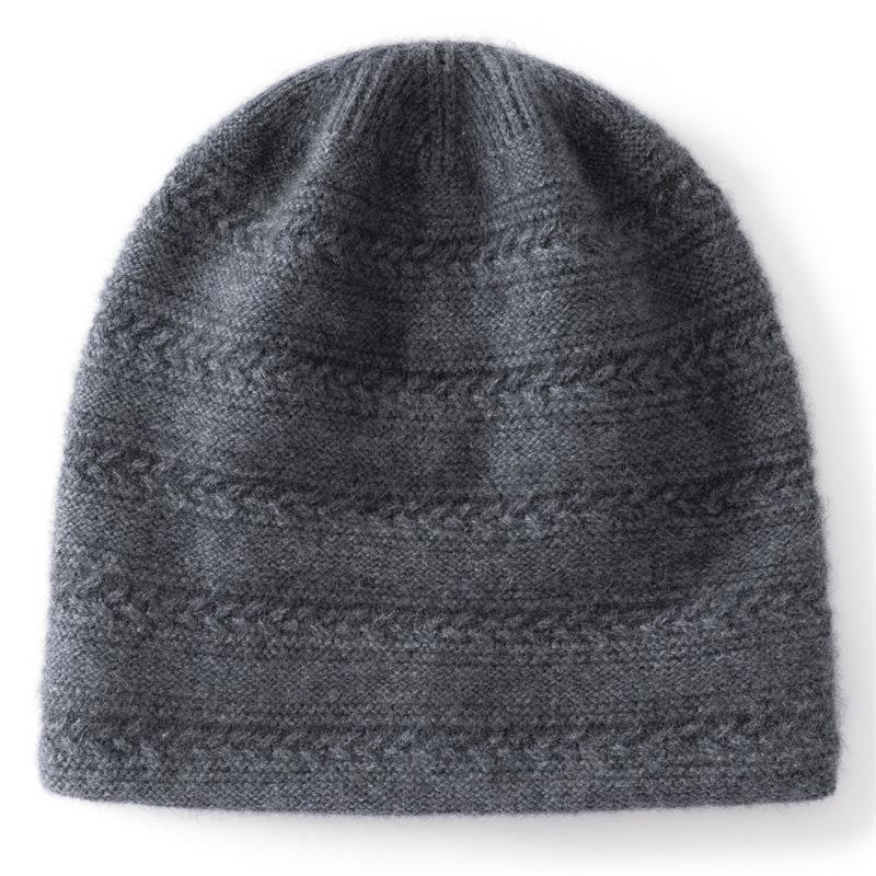 Soft waxy cashmere, autumn and winter new women's solid color jacquard crimped headhat, warm ear protection knitted hat