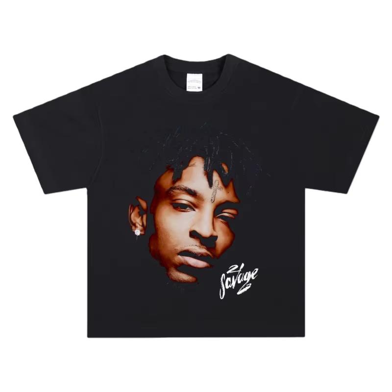 

Y2K Urban 21 Savage Retro Portrait T-Shirt Soft Premium Cotton Short Sleeve Loose Crew Neck for Unisex & Women Hip Hop Streetwear XL