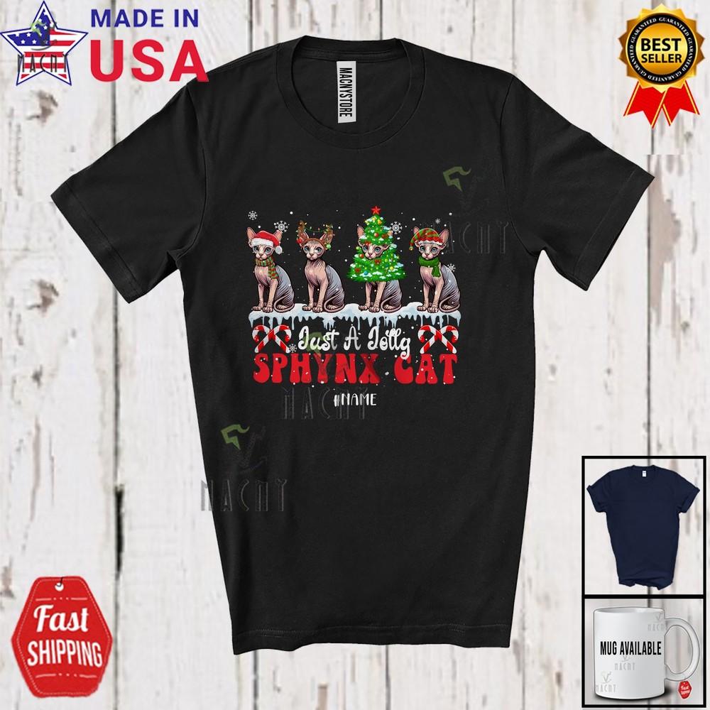 

Custom Name A Jolly Sphynx Cat Adorable Christmas Tree Santa Elf Animal T-Shirt XL