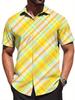 Men'S Oversized Short-Sleeve Shirt Featuring a Vibrant Yellow-Green Check Pattern, Made from 120G Lightweight Polyester, with a Traditional Collar And