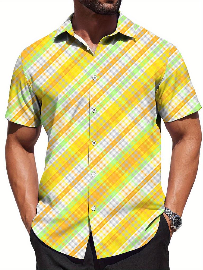 Men'S Oversized Short-Sleeve Shirt Featuring a Vibrant Yellow-Green Check Pattern, Made from 120G Lightweight Polyester, with a Traditional Collar And