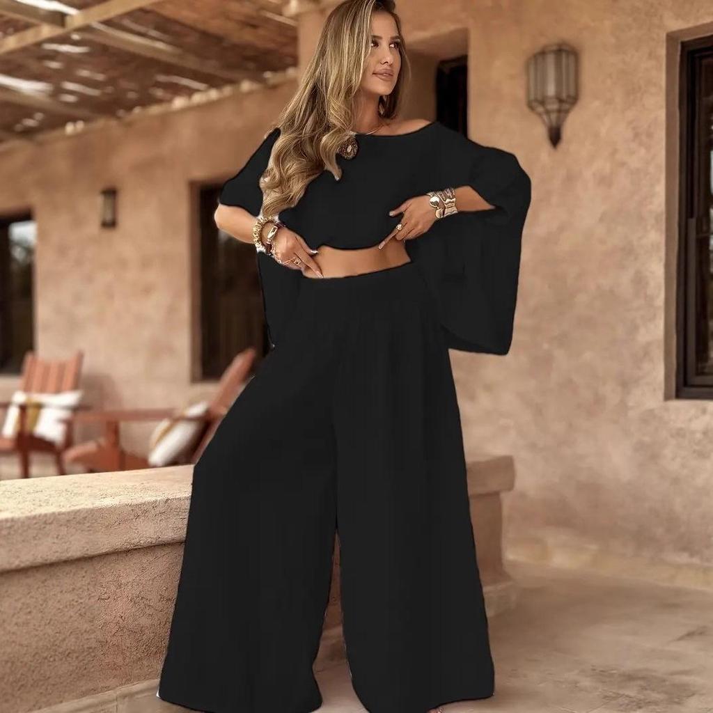 Top Marrone a Manica a Pipistrello con Spalle Scoperte e Pantaloni a Gamba Larga a Vita Alta Set Due Pezzi