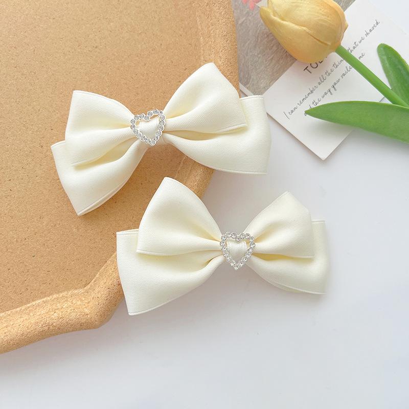 1 Pair Heart-shaped Rhinestone Satin Bow Hair Clips, Vintage Multi-color Sweet Hair Accessories, Daily Lolita Versatile Headwear бежевый