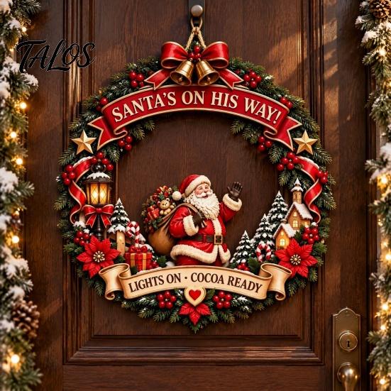 Winter Festival Wall Hanging Santa Claus Wooden Door Hanger for Christmas Decorations, Retro Holiday Sign with Bows Bells Indoor And Outdoor