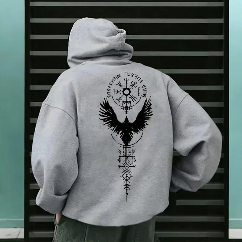 2025 New Arrival Men's Pure Color Hoodie High Quality Ancient Viking Raven Pattern Sweatshirt Autumn Winter Casual Sporty Coats