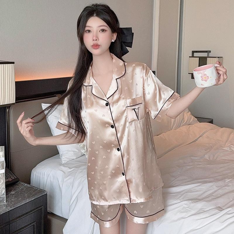 Ins Wind Letter V Design Sense Love Jacquard Short Sleeve Ice Silk Pajamas Women'S Summer Loungewear Set