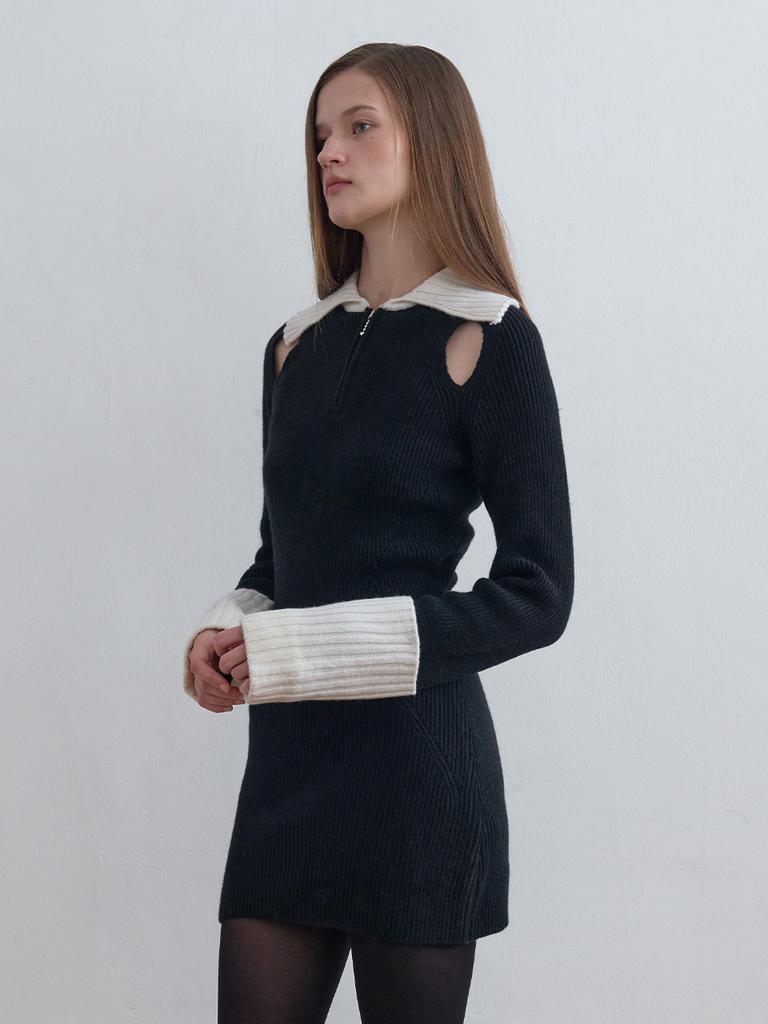 Gijun Half Zip-Up Knit Dress Black