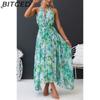BITCED Dámské letní dlouhé šaty s výstřihem do V, na špagetová ramínka, bez rukávů, s potiskem a plnou sukní