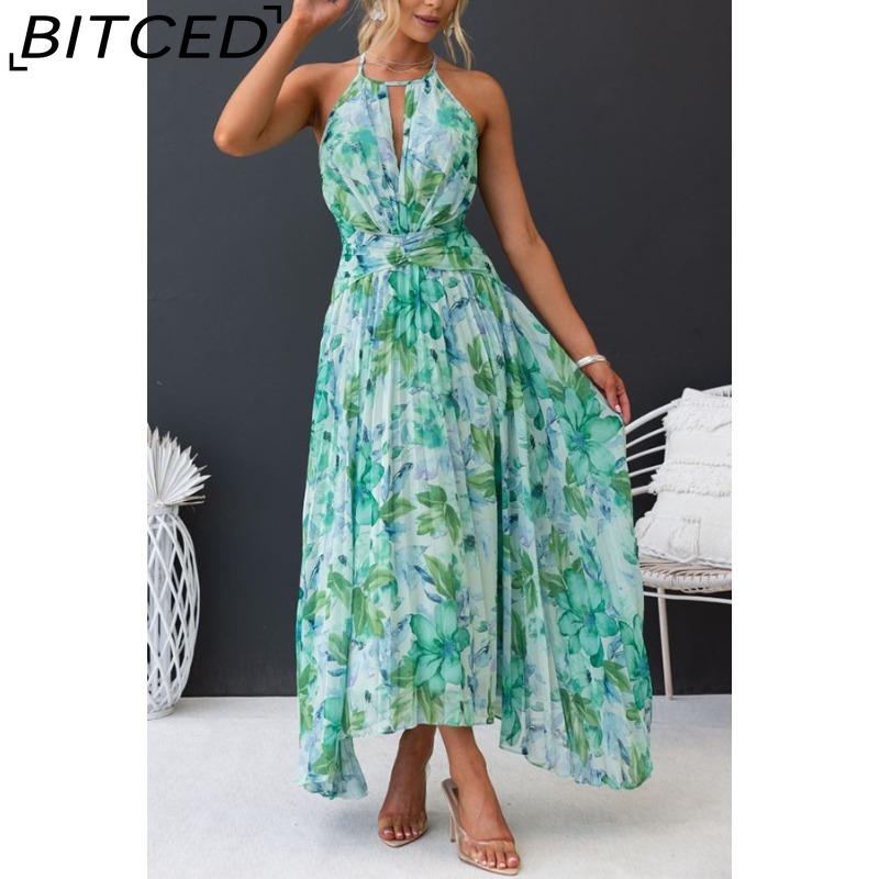 BITCED Dámské letní dlouhé šaty s výstřihem do V, na špagetová ramínka, bez rukávů, s potiskem a plnou sukní