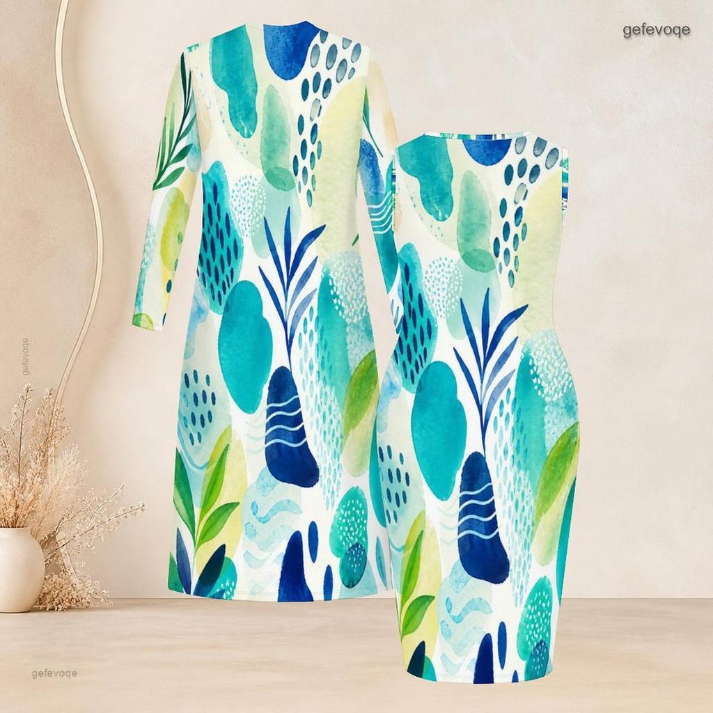 Women Plus Size Two Piece Set Long Sleeve Open Front Cardigan Sleeveless Abstract Printed Bodycon Dress
