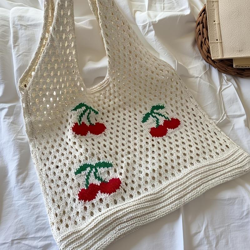 Borsa a Spalla Svuotata Lavorata a Maglia Ciliegia, Borsa a Mano con Ricamo, Borsa Tote Estiva Monocolore da Donna