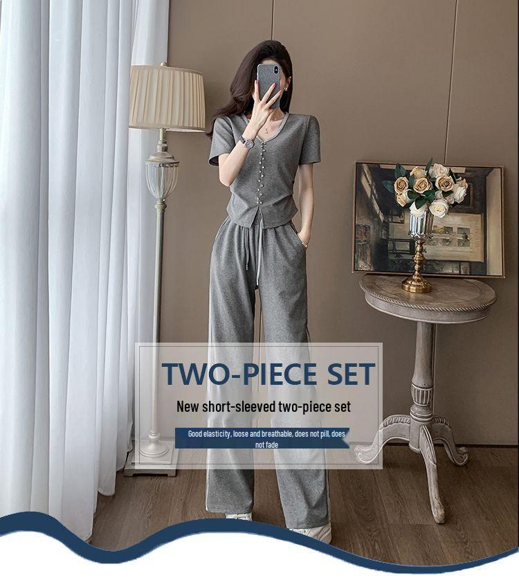 Women's Summer Casual Two-Piece Set: Stylish Korean Short Sleeve Top & Wide Leg Pants