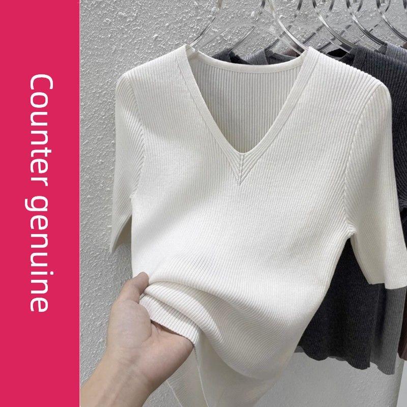 

Plus size women clothing Western Style V-neck Short sleeve T-shirt Women s Summer New Loose Slimming Solid Ice Silk Knitting Top Thin