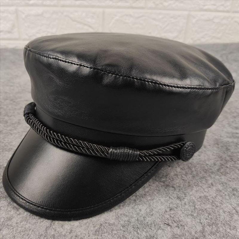 New PU leather navy hat leather flat top hat casual fashion sealing military hat big head circumference men's hat women's hat batch
