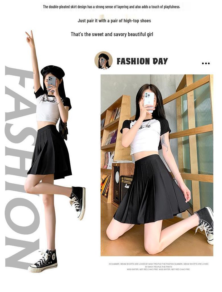 Women's Black High-Waist Pleated Skirt: Summer 2025 Collection, Slimming Academy Style with Pocket Design, Half-Length Short Skirt.