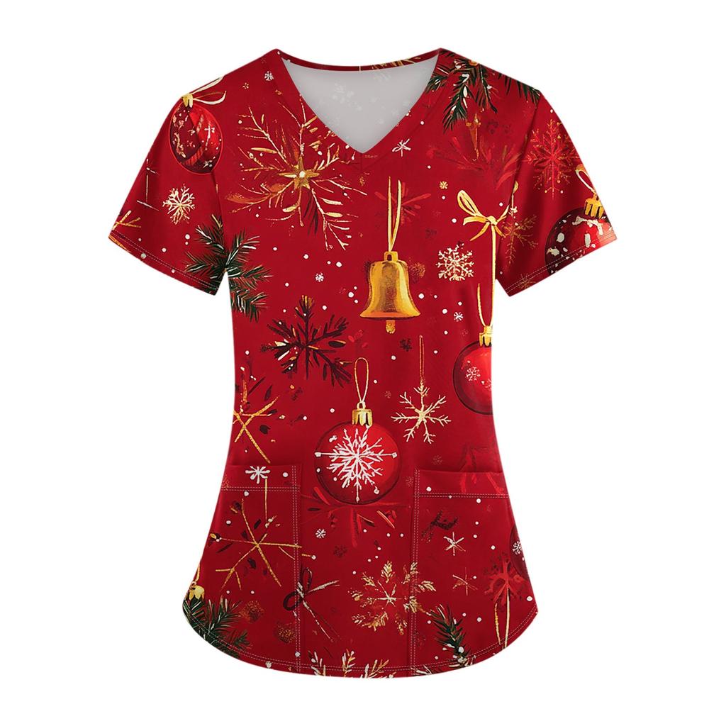 Ladies Short Sleeve Cross V Neck  Print Pocket Top