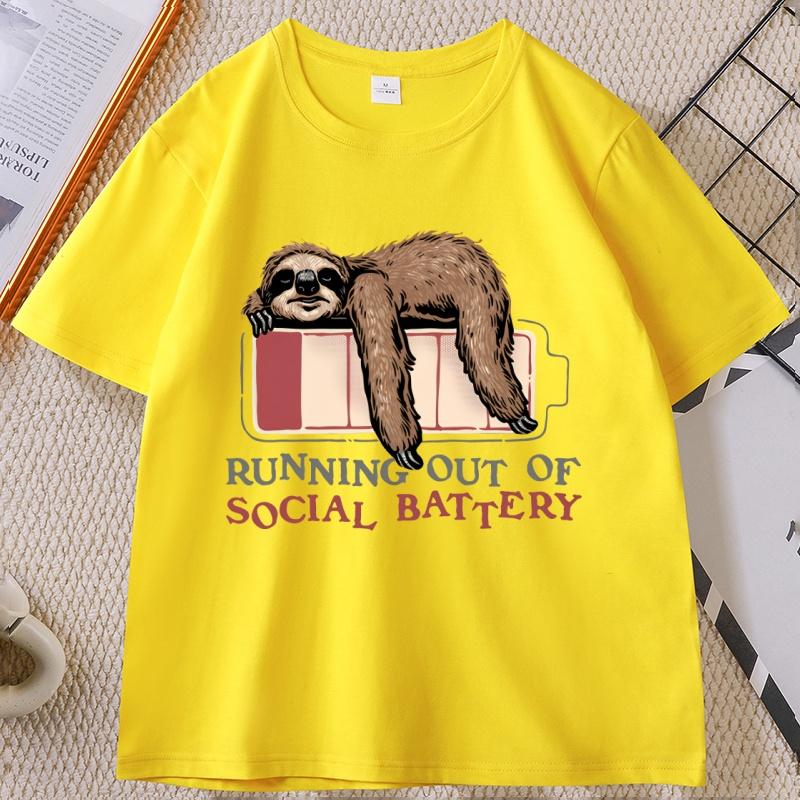 Running Out of Social Battery Sloth T Shirt Unisex Women Funny Graphic T Shirts Casual Round Neck Printed Short Sleeve Male