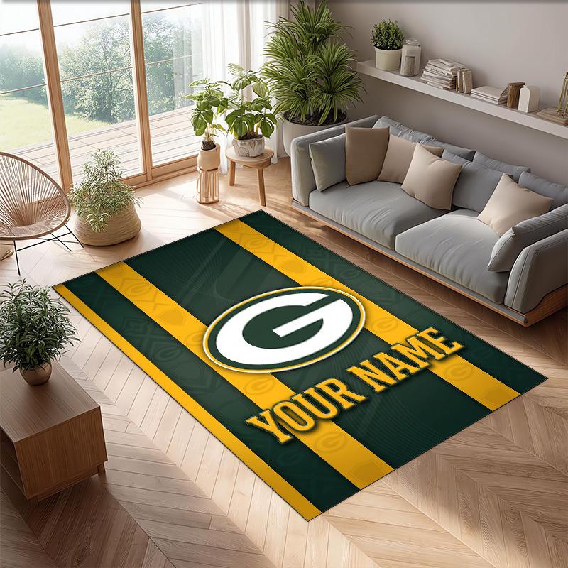 Green Bay Packers Crystal Velvet Rug, Custom Name Text Personalized Non‑Slip Floor Mat for Home Decor Gift