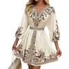Women's Fashion Printed V-Neck Seven Sleeve Tie Waist Dresses