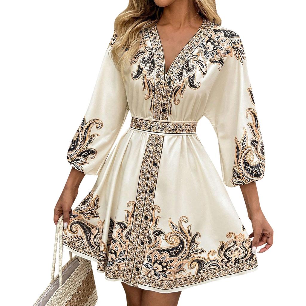 Women's Fashion Printed V-Neck Seven Sleeve Tie Waist Dresses