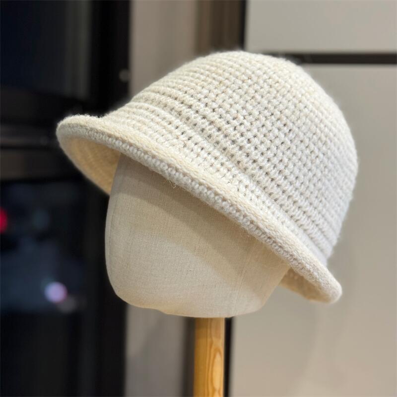 Solid color simple hat women's autumn new knitted bucket hat big head circumference curling edge shows small face versatile basin hat