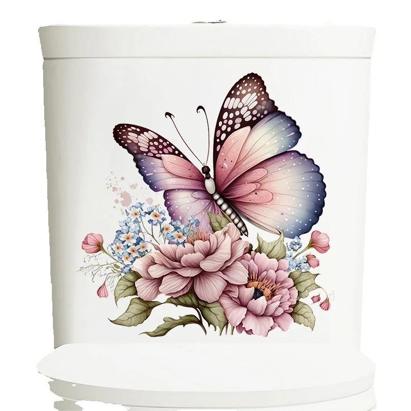 New Painted Pink Beautiful Flower Butterfly Sticker Bathroom Toilet Waterproof Toilet Lid Toilet Sticker